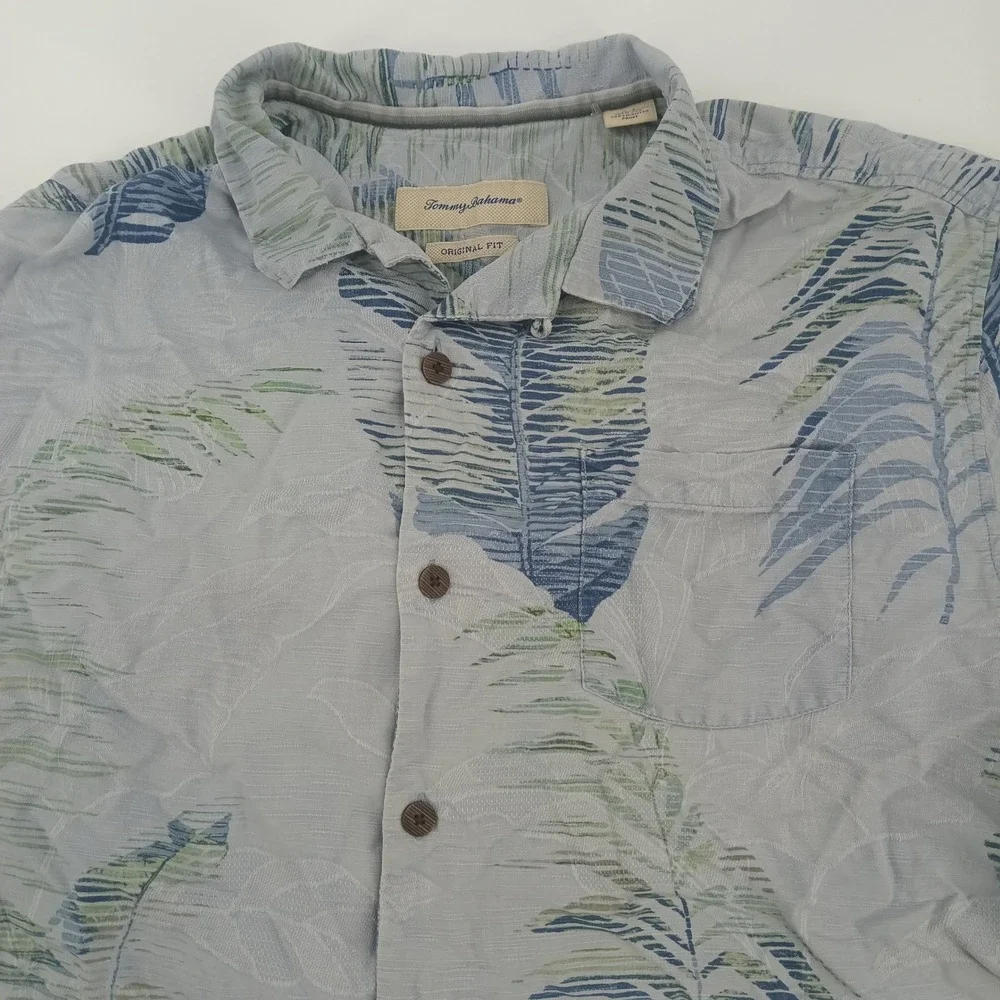 Tommy Bahama Mens L Silk Tropical Palm Leaf Print Button Down Camp Shirt Blue